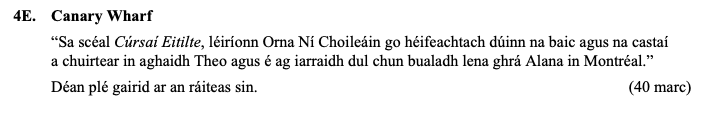 Sa-scéal-Cúrsai-Eitilte,-léiríonn-Orna-Ní-Choileáin-go-héifeachthach-dúinn-na-baic-agus-na-castáil-a-chúirtear-in-aghaidh-Theo-agus-é-ag-iarraidh-dul-chun-buailte-lena-ghrá-Alana-in-Montreal-Leaving Cert Irish-Question 4E-2012.png
