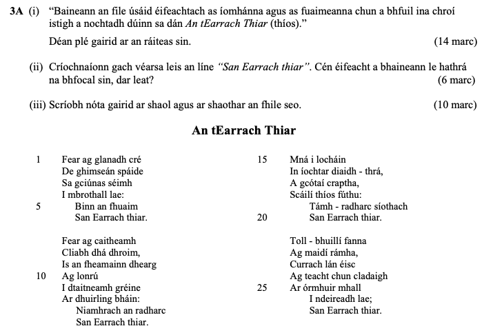 "Baineann-an-file-úsáideach-as-iomháanna-agus-as-fuaimeanna-chun-a-bhfuil-ina-chroí-istigh-a-nochtadh-dúinn-sa-dán-An-tEarrach-Thiar-(thios)."--(i)-Críochnaigh-gach-véarsa-leis-an-líne-"San-tEarrach-thiar"-Leaving Cert Irish-Question 3A-2012.png