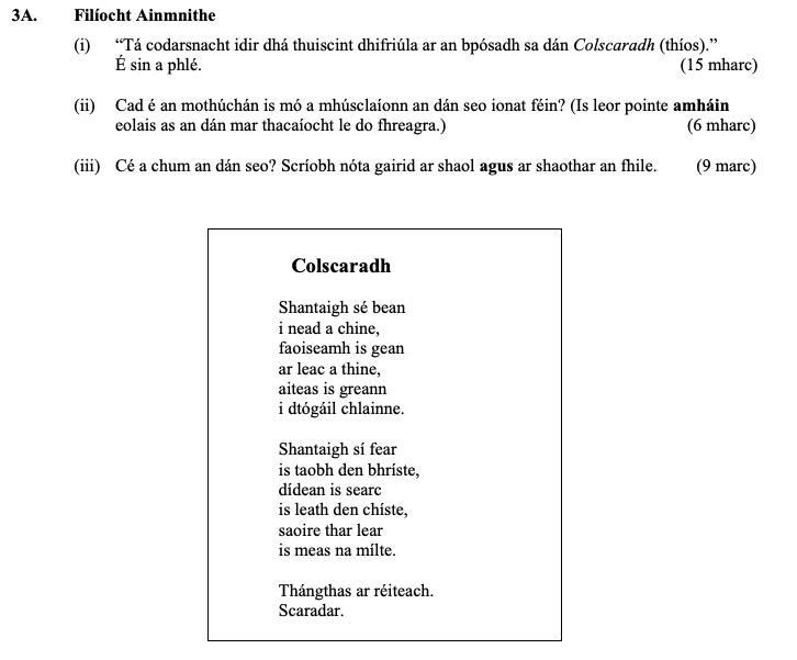 Filiáiste-Ainmnithe--(i)-"Tá-codarsnacht-idir-dhá-thuiscint-dhírí-ar-an-bpoistadh-sa-dán-Colscaradh-(thíos)."-É-sin-a-phlé-Leaving Cert Irish-Question 3A.-2015.png