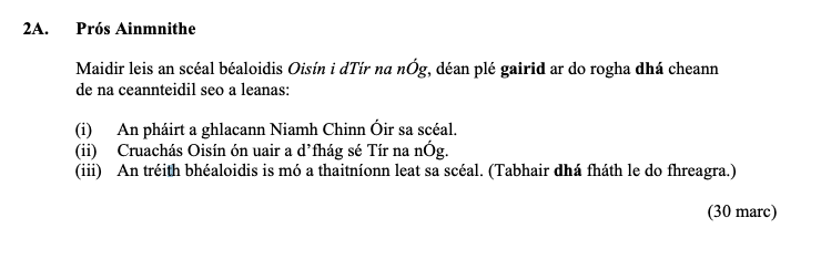 Maidir-leis-an-scéal-béaloidis-Oisin-i-dTír-na-nÓg,-déan-plé-gairid-ar-do-rogha-dhá-cheann-de-na-ceantainidil-seo-a-leanas:--(i)-An-pháirt-a-ghlacann-Niamh-Chinn-Ór-sa-scéal-Leaving Cert Irish-Question 2A-2013.png