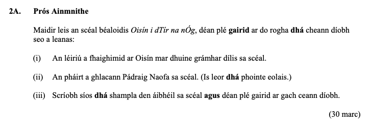 Maidir-leis-an-scéal-béaloidis-Oisin-i-dTír-na-nÓg,-déan-plé-gairid-ar-do-rogha-dhá-cheann-diobh-seo-a-leanas:--(i)-An-léiríu-a-fhaighimid-ar-Oisin-mar-dhuine-grámhar-dílis-sa-scéal-Leaving Cert Irish-Question 2A-2016.png