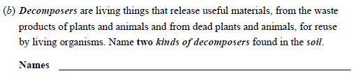 Decomposers-are-living-things-that-release-useful-materials,-from-the-waste-products-of-plants-and-animals-and-from-dead-plants-and-animals,-for-reuse-by-living-organisms-Junior Cycle Science-Question b-2006.png