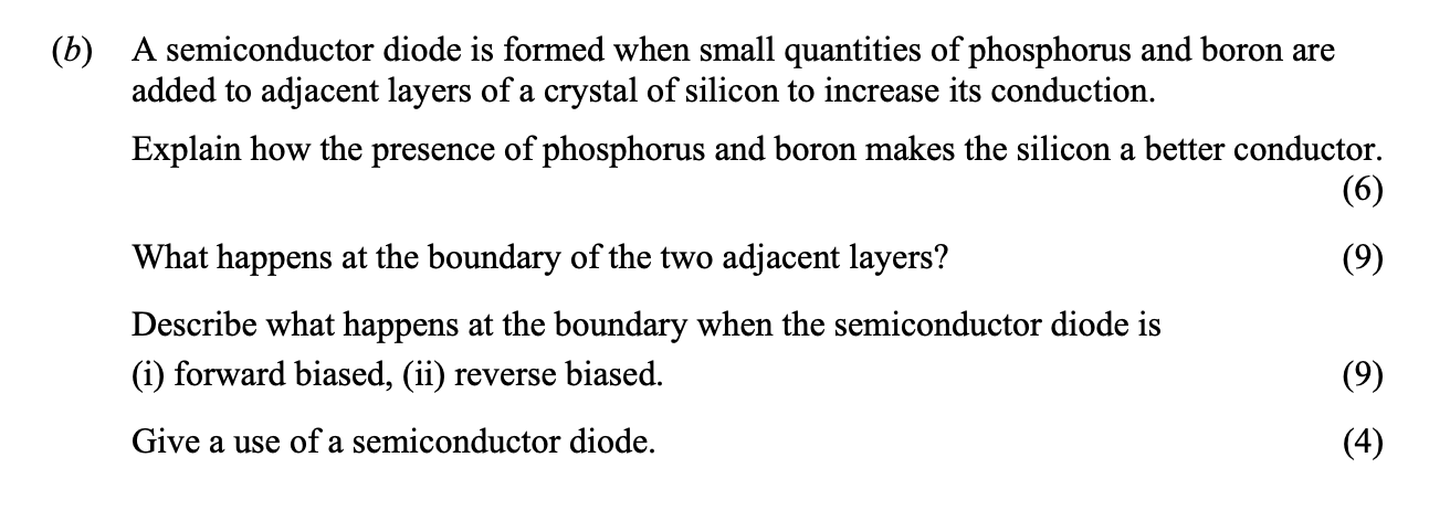 A-semiconductor-diode-is-formed-when-small-quantities-of-phosphorus-and-boron-are-added-to-adjacent-layers-of-a-crystal-of-silicon-to-increase-its-conduction-Leaving Cert Physics-Question 12 (b)-2009.png