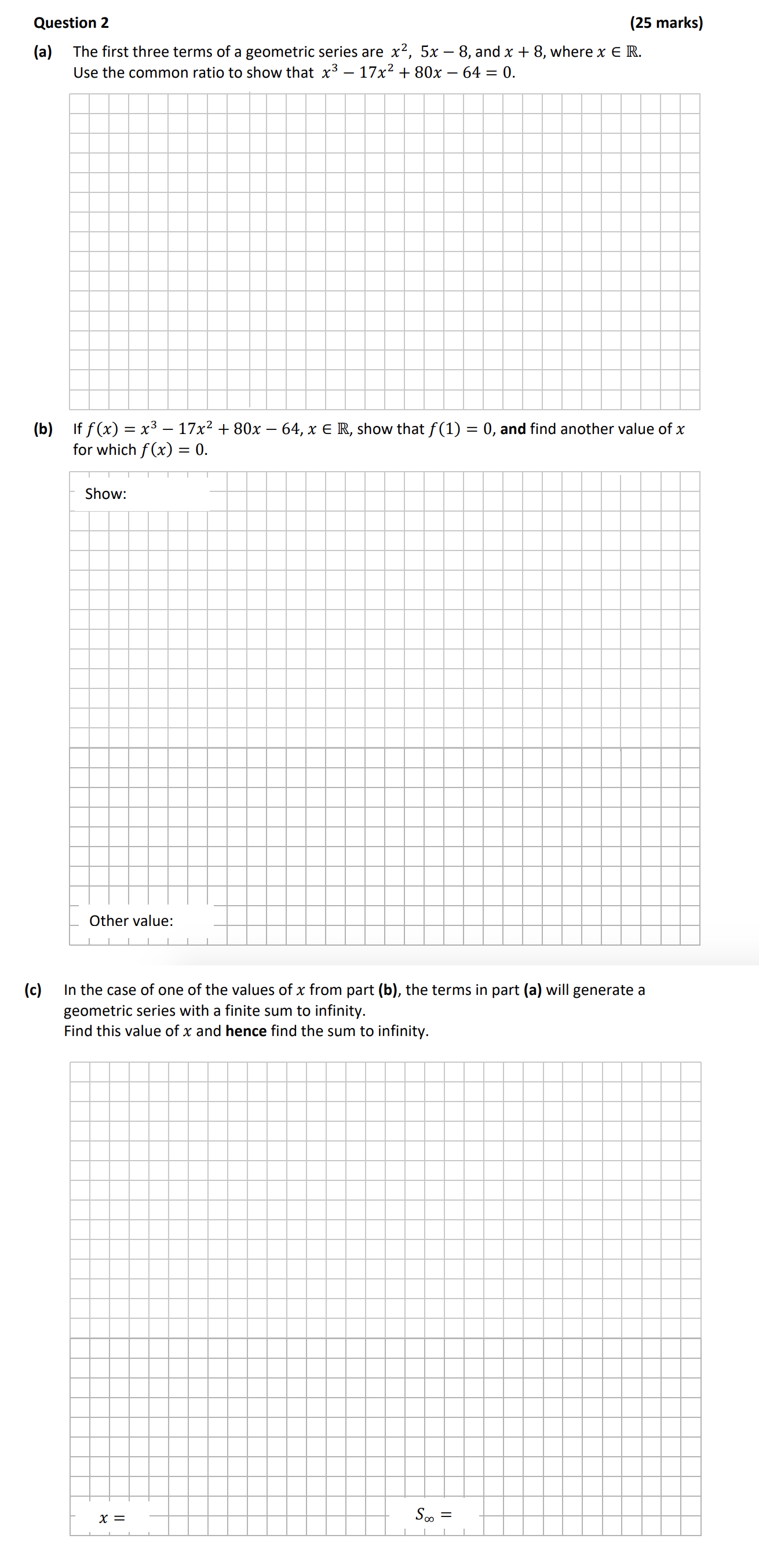 The-first-three-terms-of-a-geometric-series-are-$x^2$,-$5x---8$,-and-$x-+-8$,-where-$x-\in-\mathbb{R}$-Leaving Cert Mathematics-Question 2-2018.png