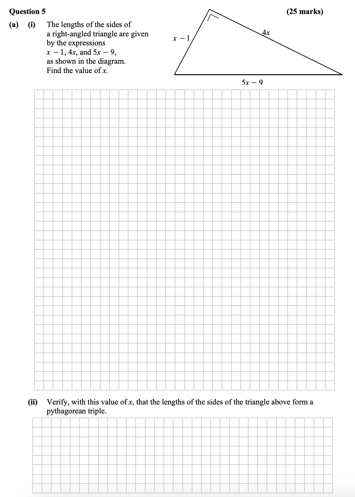 The-lengths-of-the-sides-of-a-right-angled-triangle-are-given-by-the-expressions-$x---1$,-$4x$,-and-$5x---9$,-as-shown-in-the-diagram-Leaving Cert Mathematics-Question 5-2016.png