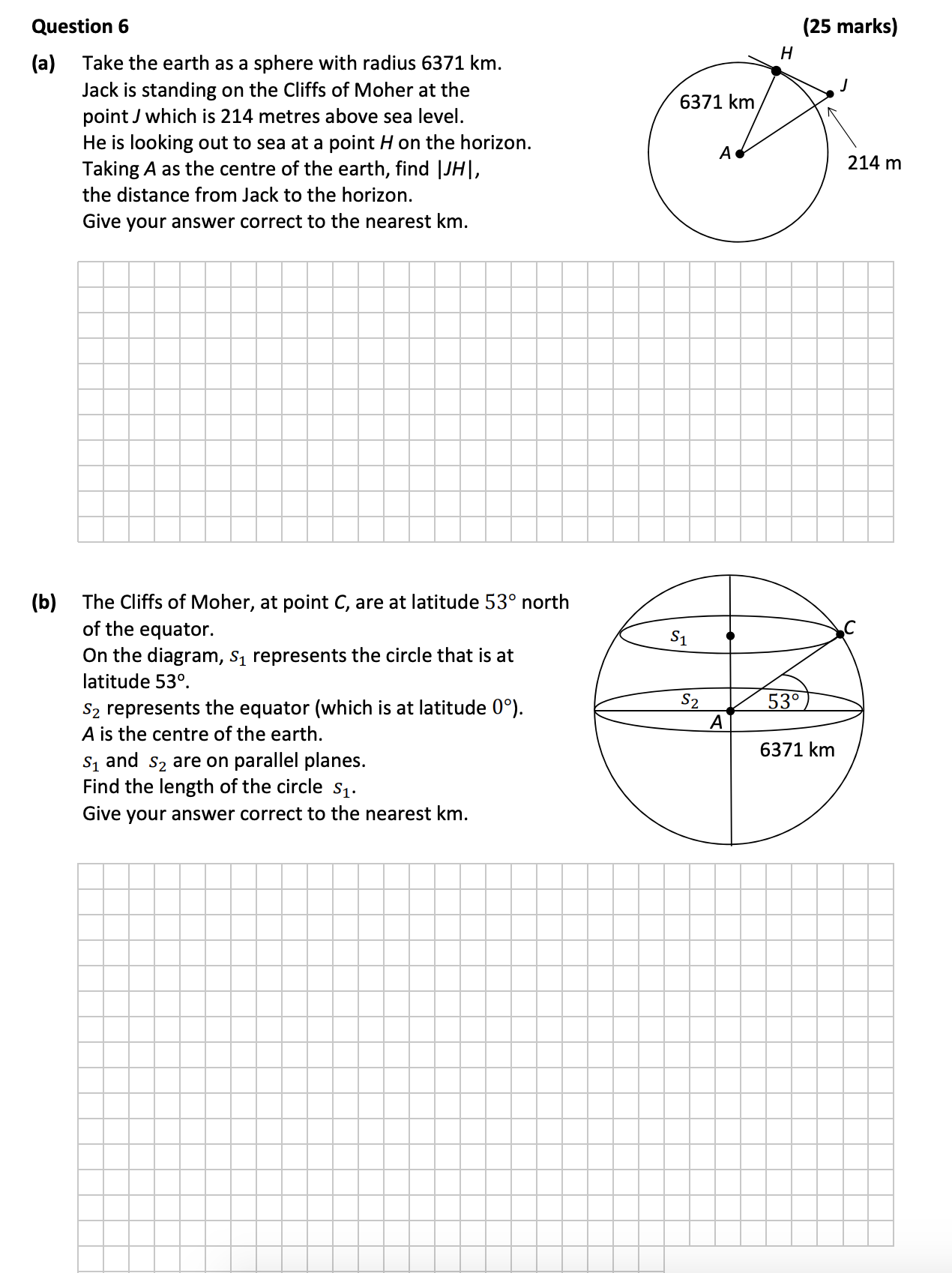 Take-the-earth-as-a-sphere-with-radius-6371-km-Leaving Cert Mathematics-Question 6-2017.png
