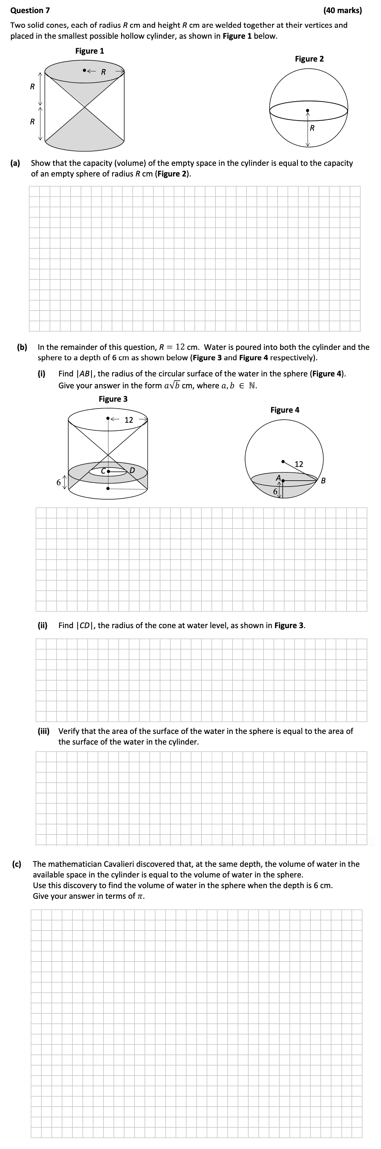Two-solid-cones,-each-of-radius-R-cm-and-height-R-cm-are-welded-together-at-their-vertices-and-placed-in-the-smallest-possible-hollow-cylinder,-as-shown-in-Figure-1-below-Leaving Cert Mathematics-Question 7-2017.png