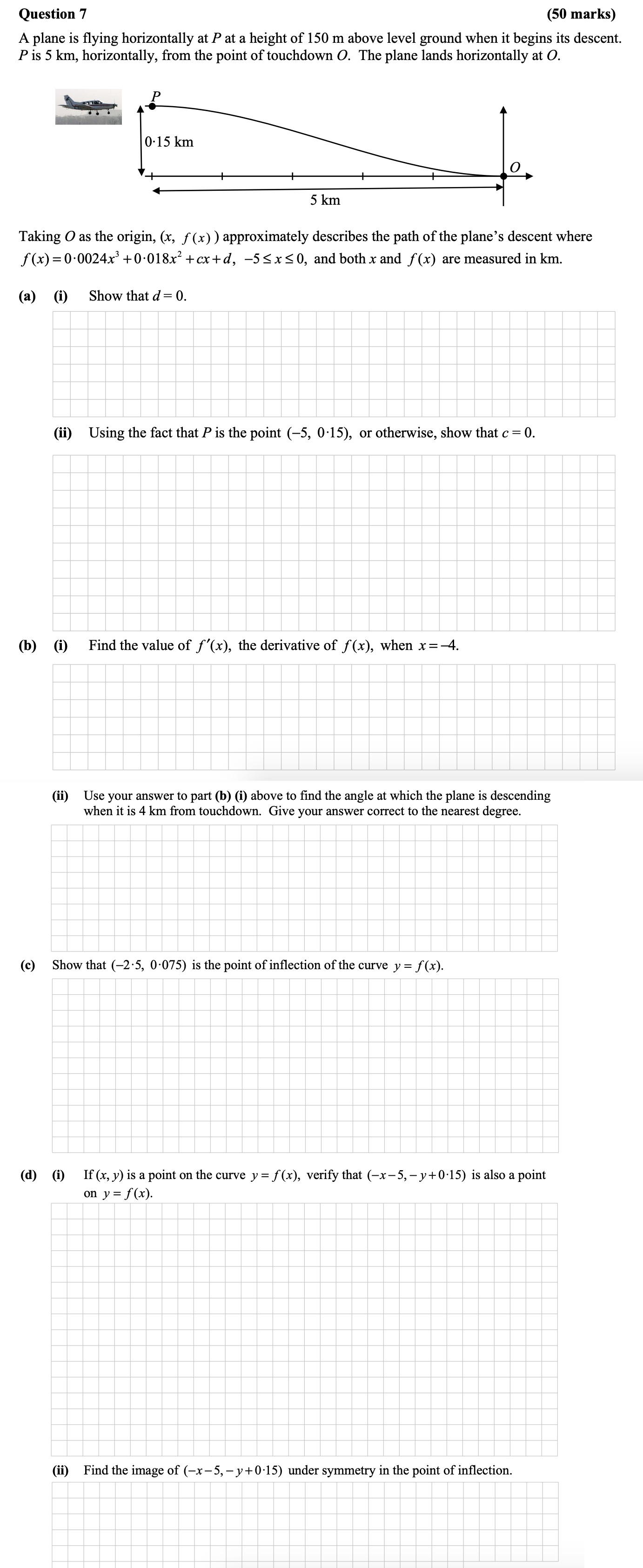 A-plane-is-flying-horizontally-at-P-at-a-height-of-150-m-above-level-ground-when-it-begins-its-descent-Leaving Cert Mathematics-Question 7-2015.png