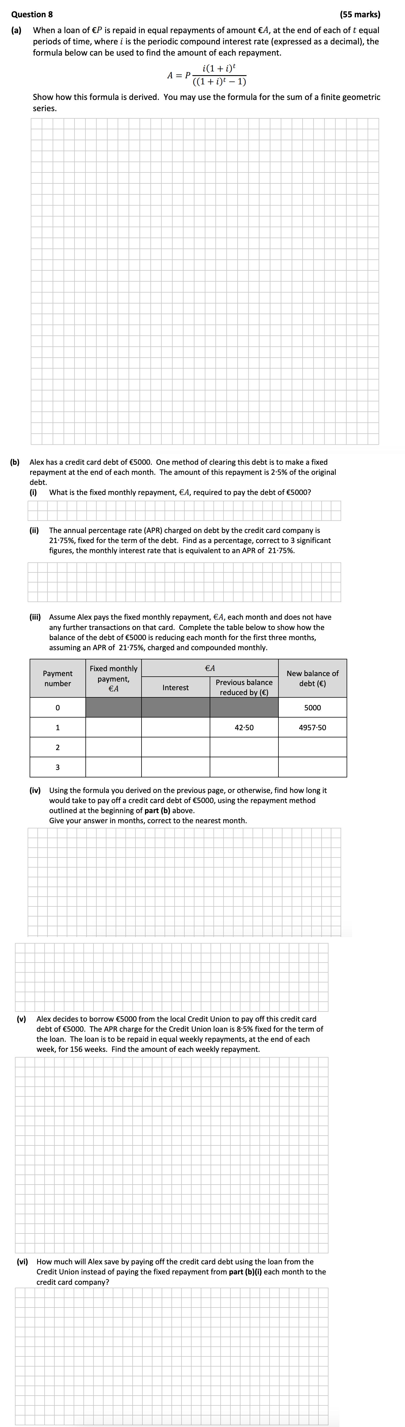 When-a-loan-of-€P-is-repaid-in-equal-repayments-of-amount-€A,-at-the-end-of-each-f-equal-periods-of-time,-where-i-is-the-periodic-compound-interest-rate-(expressed-as-a-decimal),-the-formula-below-can-be-used-to-find-the-amount-of-each-repayment-Leaving Cert Mathematics-Question 8-2017.png