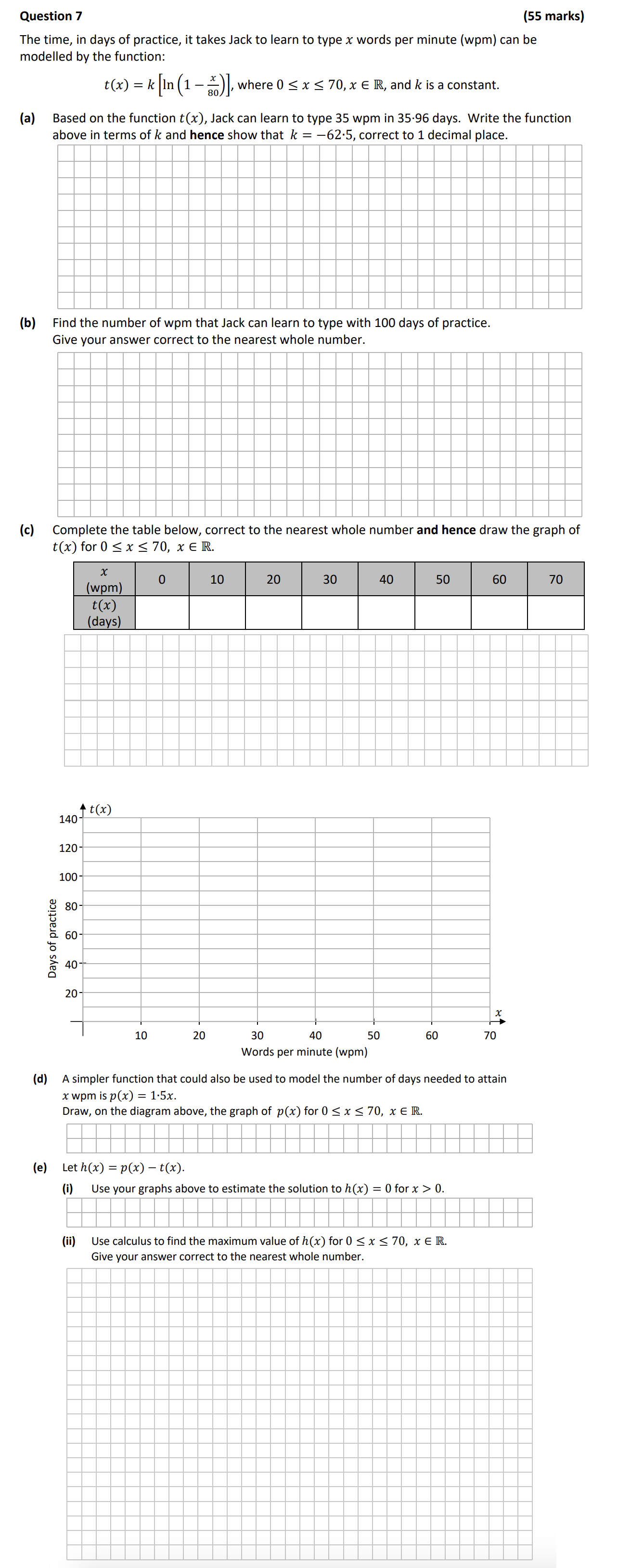The-time,-in-days-of-practice,-it-takes-Jack-to-learn-to-type-$x$-words-per-minute-(wpm)-can-be-modelled-by-the-function:--$$t(x)-=-k-\left[-\ln-\left(-1---\frac{x}{80}-\right)-\right],-\text{-where-}-0-\leq-x-\leq-70,-\-x-\in-\mathbb{R},-\text{-and-}-k-\text{-is-a-constant.}$$--(a)-Based-on-the-function-$t(x)$,-Jack-can-learn-to-type-35-wpm-in-35-96-days-Leaving Cert Mathematics-Question 7-2018.png