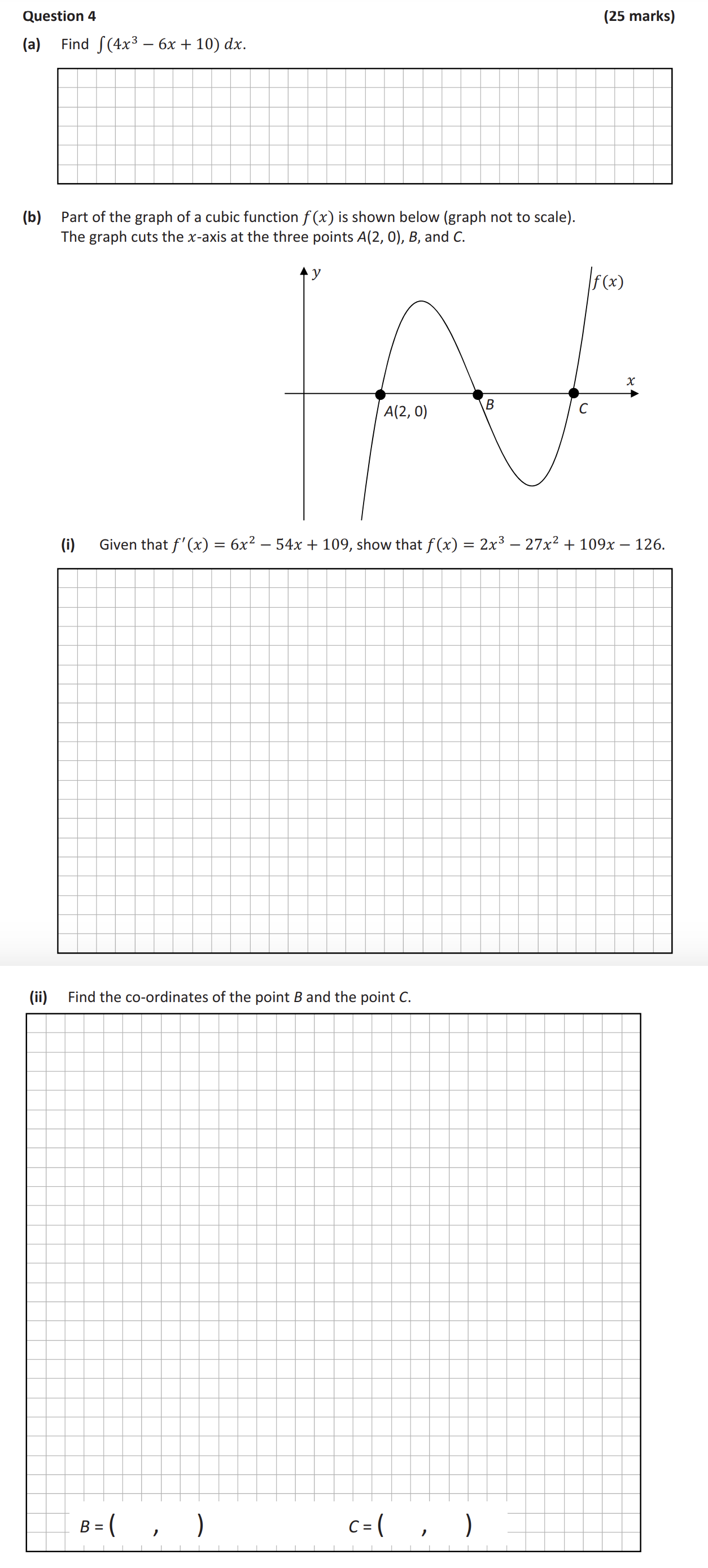 Find--$$\int-(4x^3---6x-+-10)-\,-dx.$$----Part-of-the-graph-of-a-cubic-function-$f(x)$-is-shown-below-(graph-not-to-scale)-Leaving Cert Mathematics-Question 4-2019.png
