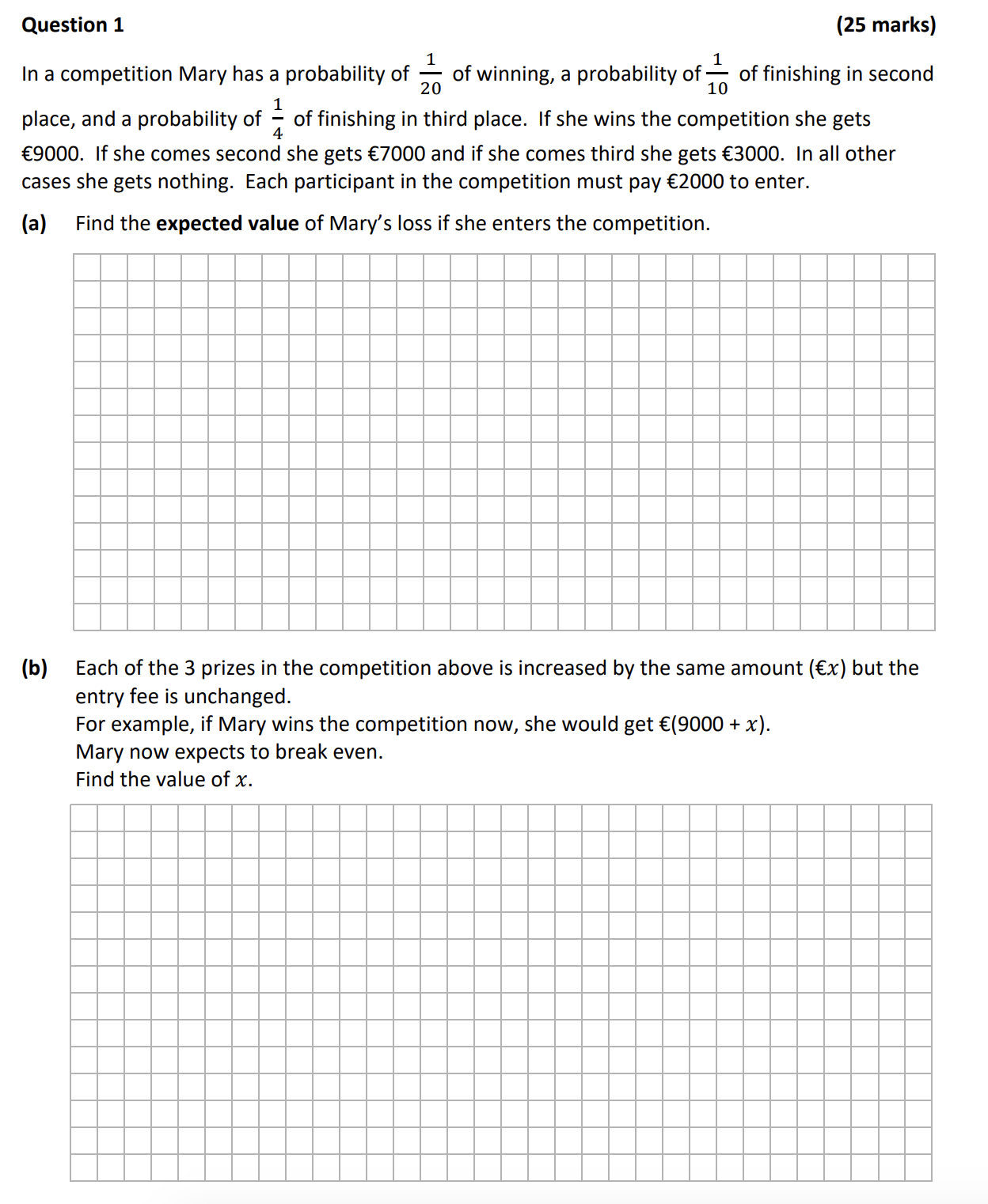 In-a-competition-Mary-has-a-probability-of--\(-\frac{1}{20}-\)-of-winning,-a-probability-of-\(-\frac{1}{10}-\)-of-finishing-in-second-place,-and-a-probability-of-\(-\frac{1}{4}-\)-of-finishing-in-third-place-Leaving Cert Mathematics-Question 1-2018.png