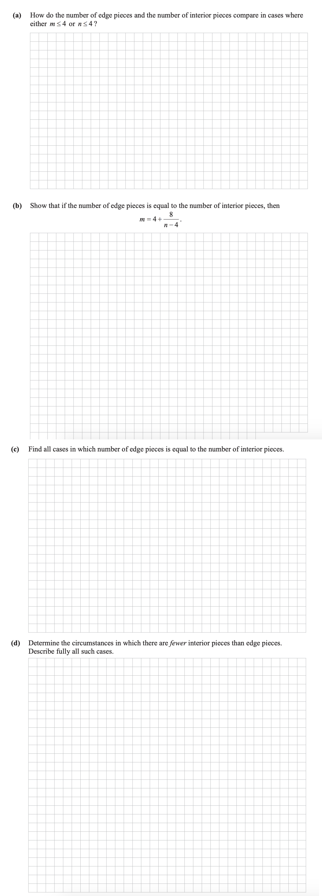 How-do-the-number-of-edge-pieces-and-the-number-of-interior-pieces-compare-in-cases-where-either-m-≤-4-or-n-≤-4-?--Show-that-if-the-number-of-edge-pieces-is-equal-to-the-number-of-interior-pieces,-then-m-=-4-+-8-/-(n---4)-Leaving Cert Mathematics-Question Question 1.png