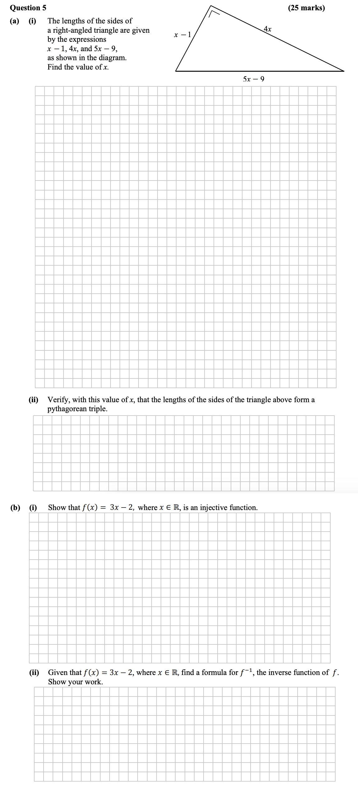 The-lengths-of-the-sides-of-a-right-angled-triangle-are-given-by-the-expressions-$x---1$,-$4x$,-and-$5x---9$,-as-shown-in-the-diagram-Leaving Cert Mathematics-Question 5-2016.png