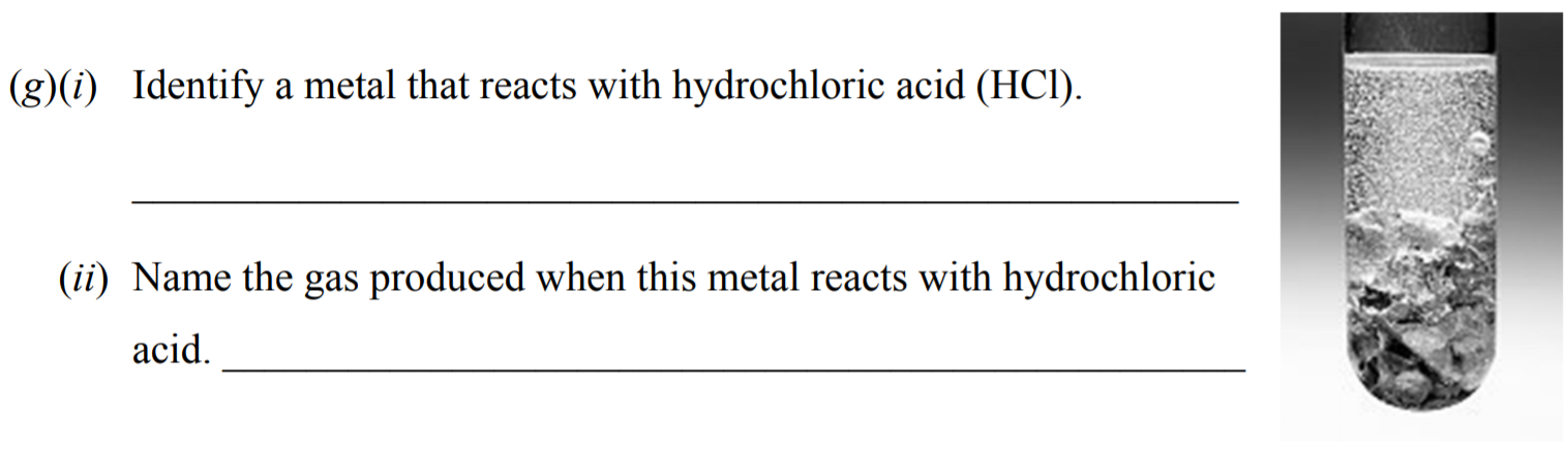 Identify-a-metal-that-reacts-with-hydrochloric-acid-(HCl)-Junior Cycle Science-Question g-2009.png