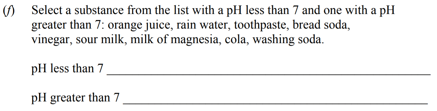 Select-a-substance-from-the-list-with-a-pH-less-than-7-and-one-with-a-pH-greater-than-7:-orange-juice,-rain-water,-toothpaste,-bread-soda,-vinegar,-sour-milk,-milk-of-magnesia,-cola,-washing-soda-Junior Cycle Science-Question f-2012.png