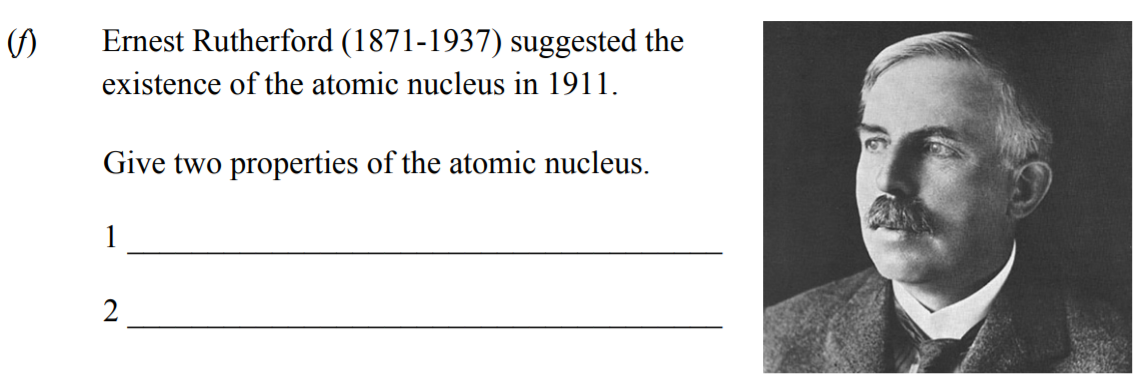 Ernest-Rutherford-(1871-1937)-suggested-the-existence-of-the-atomic-nucleus-in-1911-Junior Cycle Science-Question f-2013.png