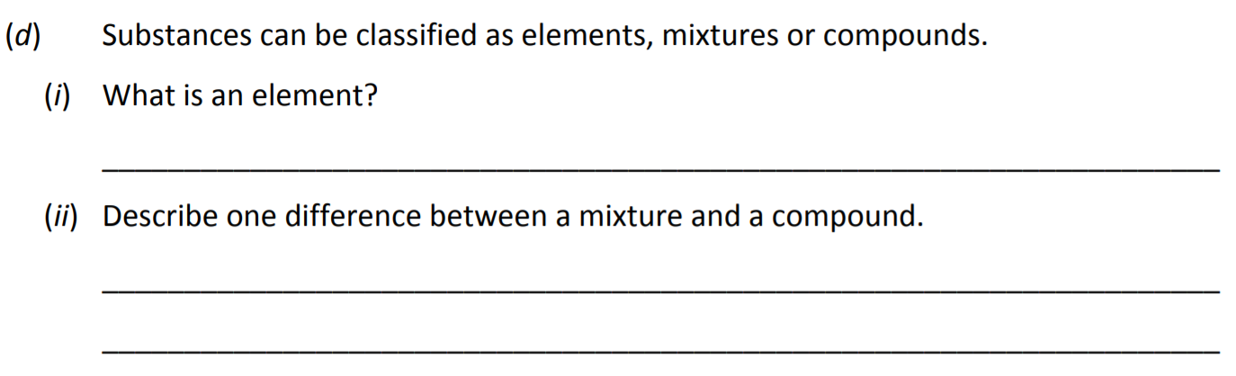 Substances-can-be-classified-as-elements,-mixtures-or-compounds-Junior Cycle Science-Question d-2018.png