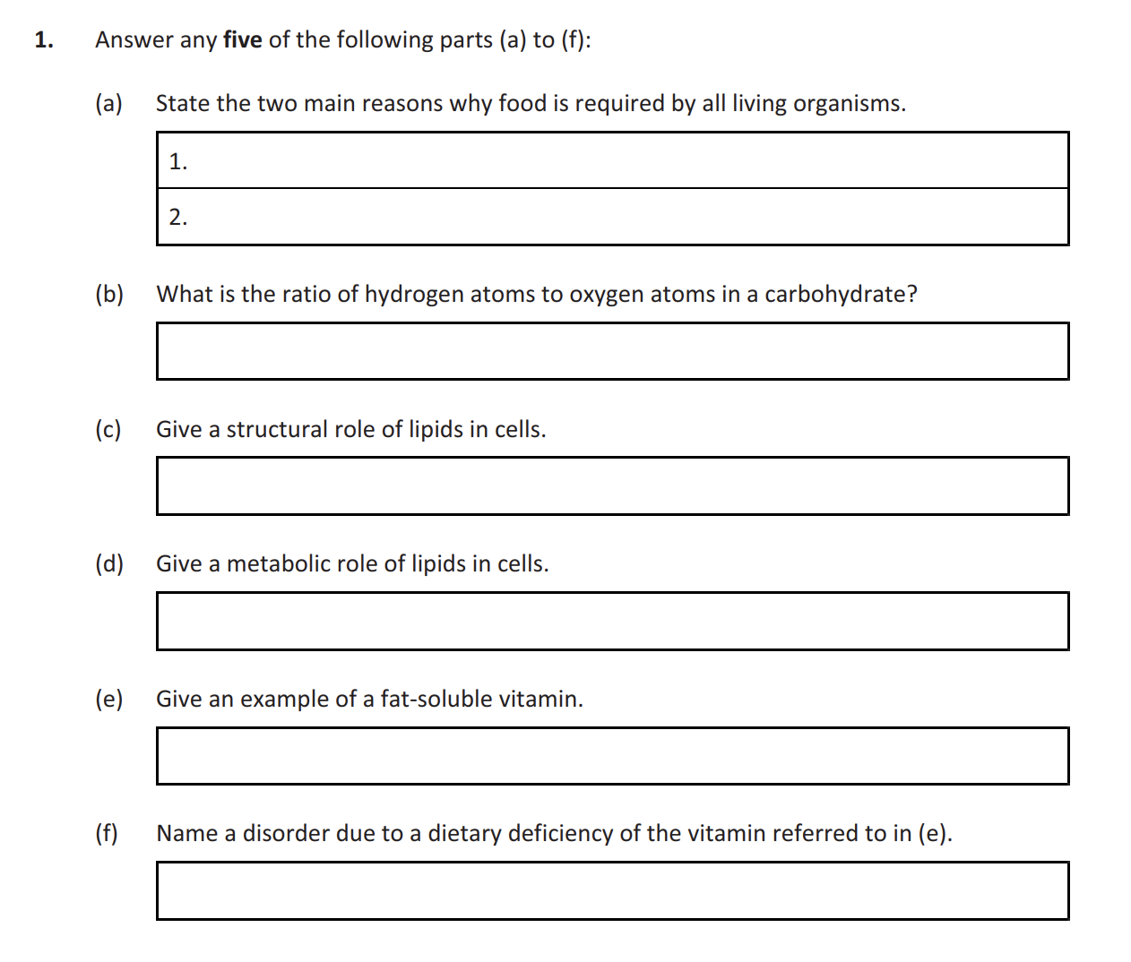 Answer-any-five-of-the-following-parts-(a)-to-(f):--(a)-State-the-two-main-reasons-why-food-is-required-by-all-living-organisms-Leaving Cert Biology-Question 1-2019.png