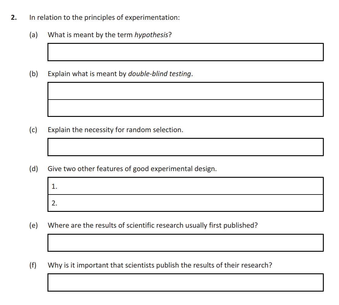 In-relation-to-the-principles-of-experimentation:--(a)-What-is-meant-by-the-term-hypothesis?--(b)-Explain-what-is-meant-by-double-blind-testing-Leaving Cert Biology-Question 2-2019.png