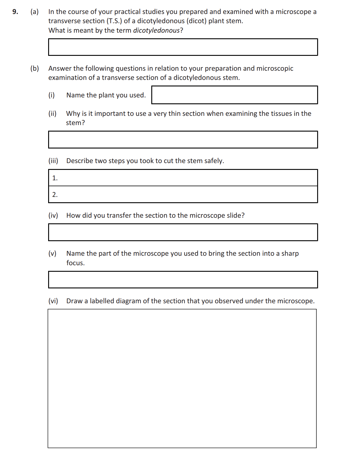 In-the-course-of-your-practical-studies-you-prepared-and-examined-with-a-microscope-a-transverse-section-(T.S.)-of-a-dicotyledonous-(dicot)-plant-stem-Leaving Cert Biology-Question 9-2019.png