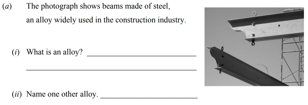 The-photograph-shows-beams-made-of,-a-steel,-an-alloy-widely-used-in-the-construction-industry-Junior Cycle Science-Question a-2016.png