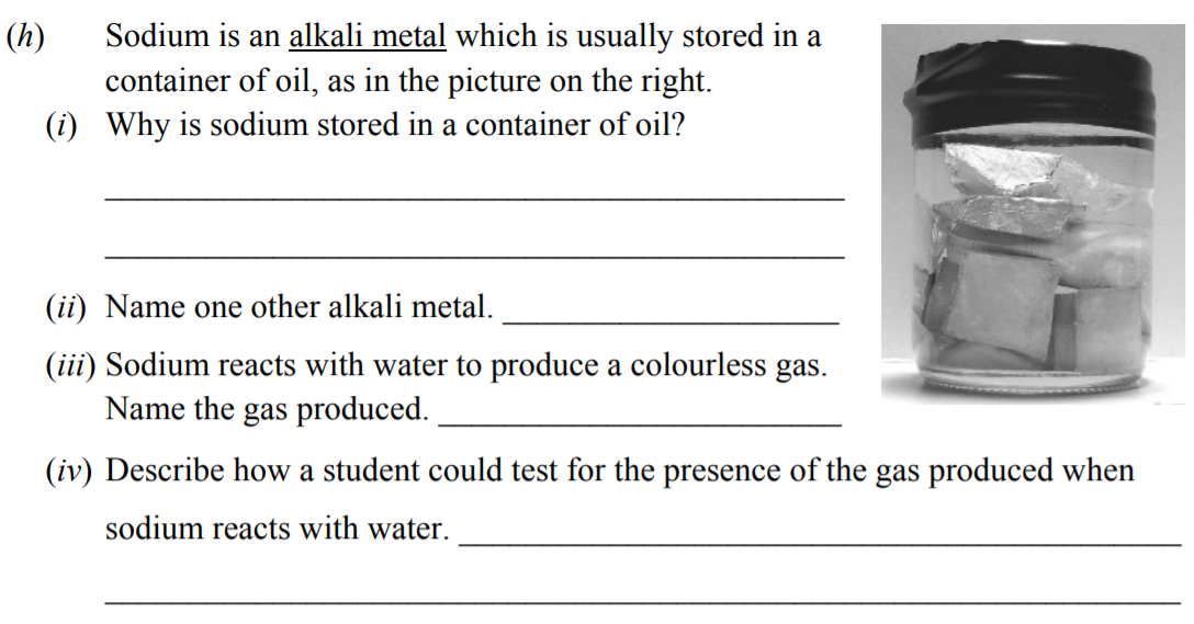 Sodium-is-an-alkali-metal-which-is-usually-stored-in-a-container-of-oil,-as-in-the-picture-on-the-right-Junior Cycle Science-Question h-2014.png