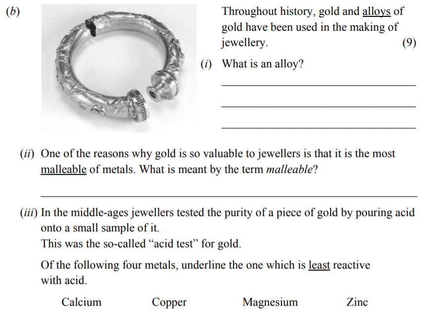 Throughout-history,-gold-and-alloys-of-gold-have-been-used-in-the-making-of-jewellery-Junior Cycle Science-Question b-2014.png