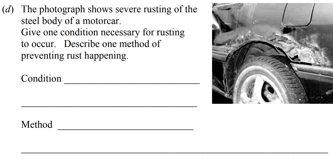The-photograph-shows-severe-rusting-of-the-steel-body-of-a-motorcar-Junior Cycle Science-Question d-2011.png