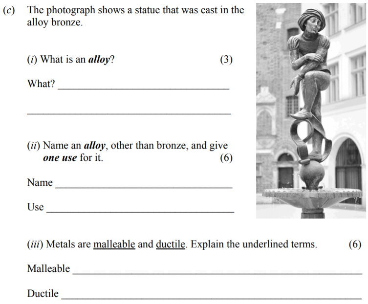 The-photograph-shows-a-statue-that-was-cast-in-the-alloy-bronze-Junior Cycle Science-Question c-2009.png