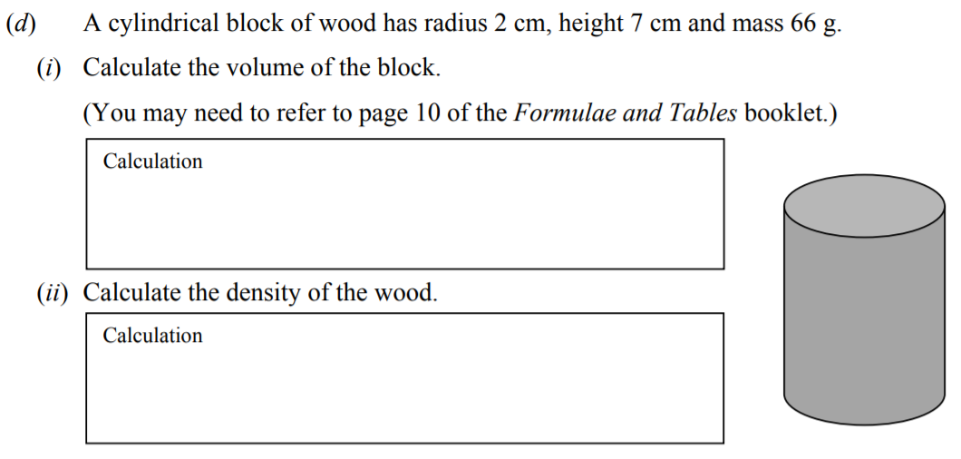 A-cylindrical-block-of-wood-has-radius-2-cm,-height-7-cm-and-mass-66-g-Junior Cycle Science-Question d-2015.png