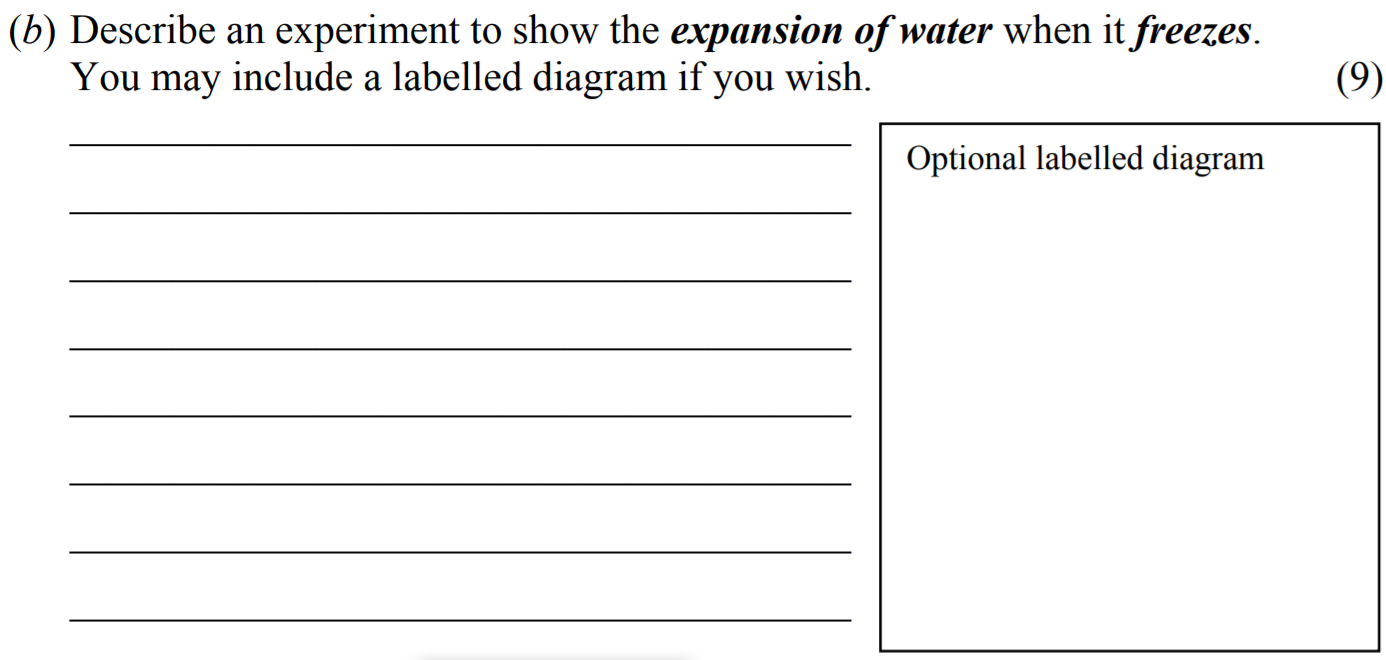 Describe-an-experiment-to-show-the-expansion-of-water-when-it-freezes-Junior Cycle Science-Question b-2006.png