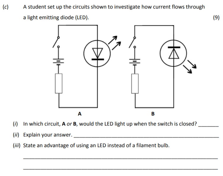 A-student-set-up-the-circuits-shown-to-investigate-how-current-flows-through-a-light-emitting-diode-(LED)-Junior Cycle Science-Question c-2017.png