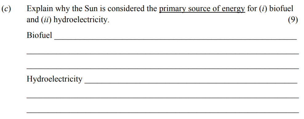 Explain-why-the-Sun-is-considered-the-primary-source-of-energy-for-(i)-biofuel-and-(ii)-hydroelectricity-Junior Cycle Science-Question c-2014.png