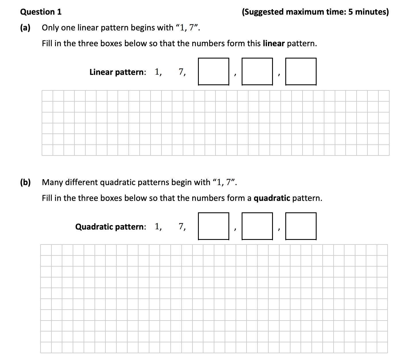 Only-one-linear-pattern-begins-with-"1,-7"-Junior Cycle Mathematics-Question 1-2018.png