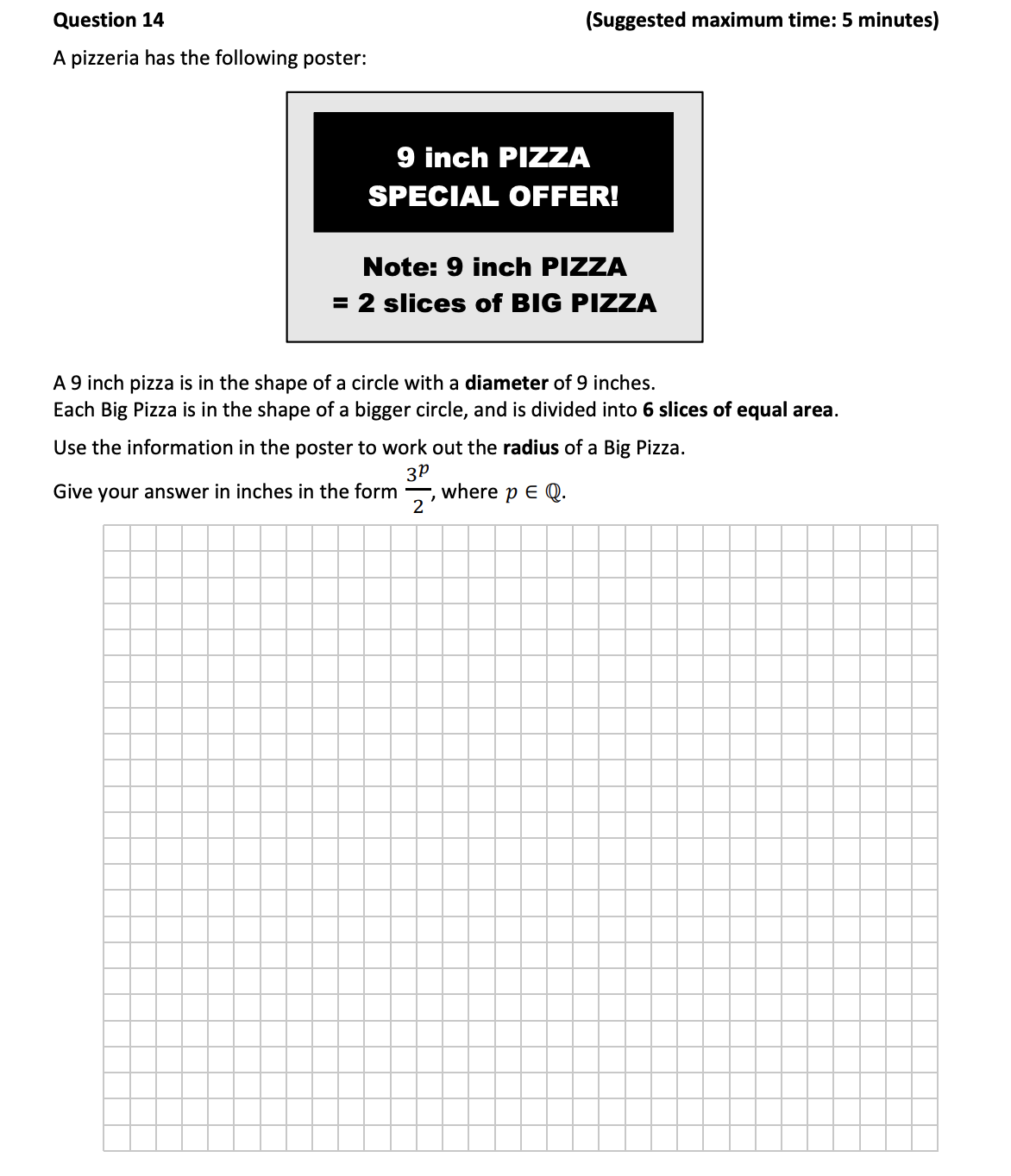 A-9-inch-pizza-is-in-the-shape-of-a-circle-with-a-diameter-of-9-inches-Junior Cycle Mathematics-Question 14-2018.png