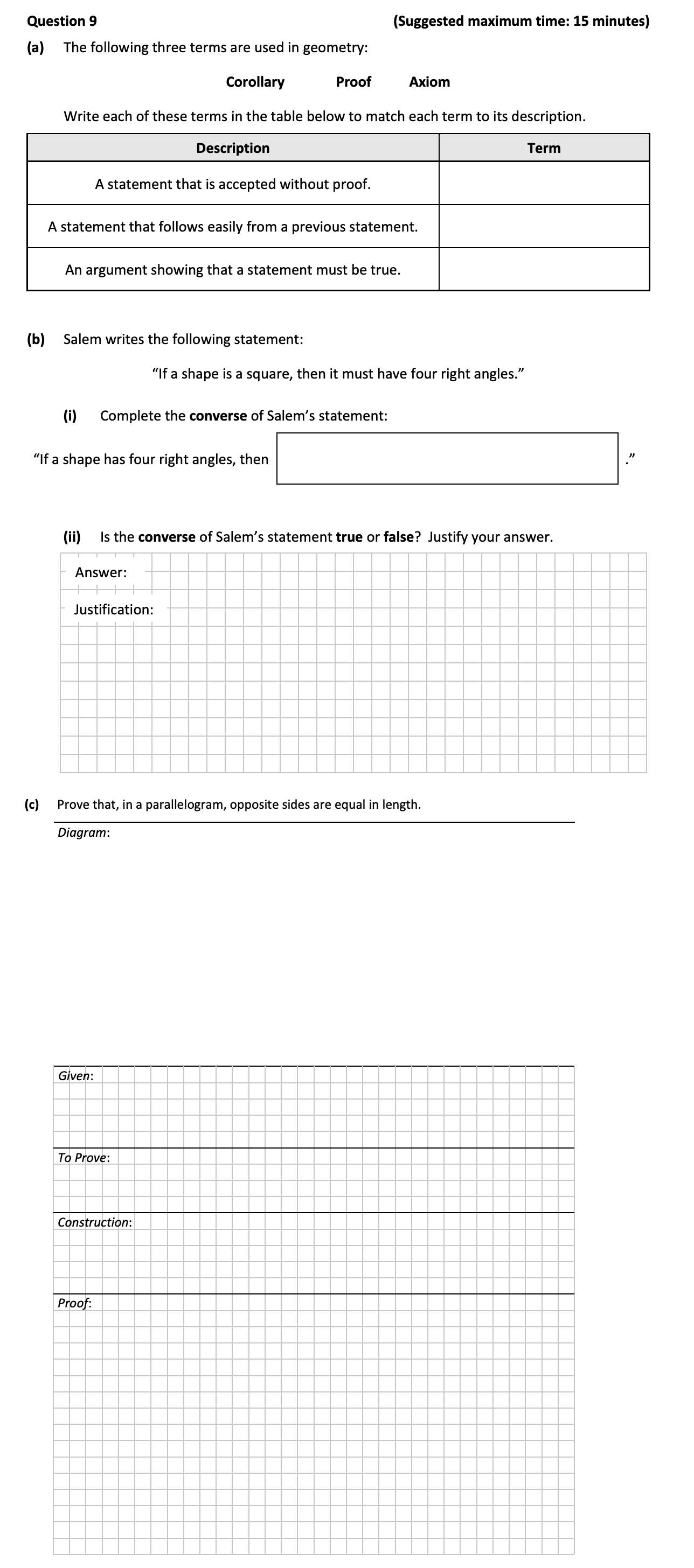 The-following-three-terms-are-used-in-geometry:--Corollary---Proof---Axiom--Write-each-of-these-terms-in-the-table-below-to-match-each-term-to-its-description-Junior Cycle Mathematics-Question 9-2017.png
