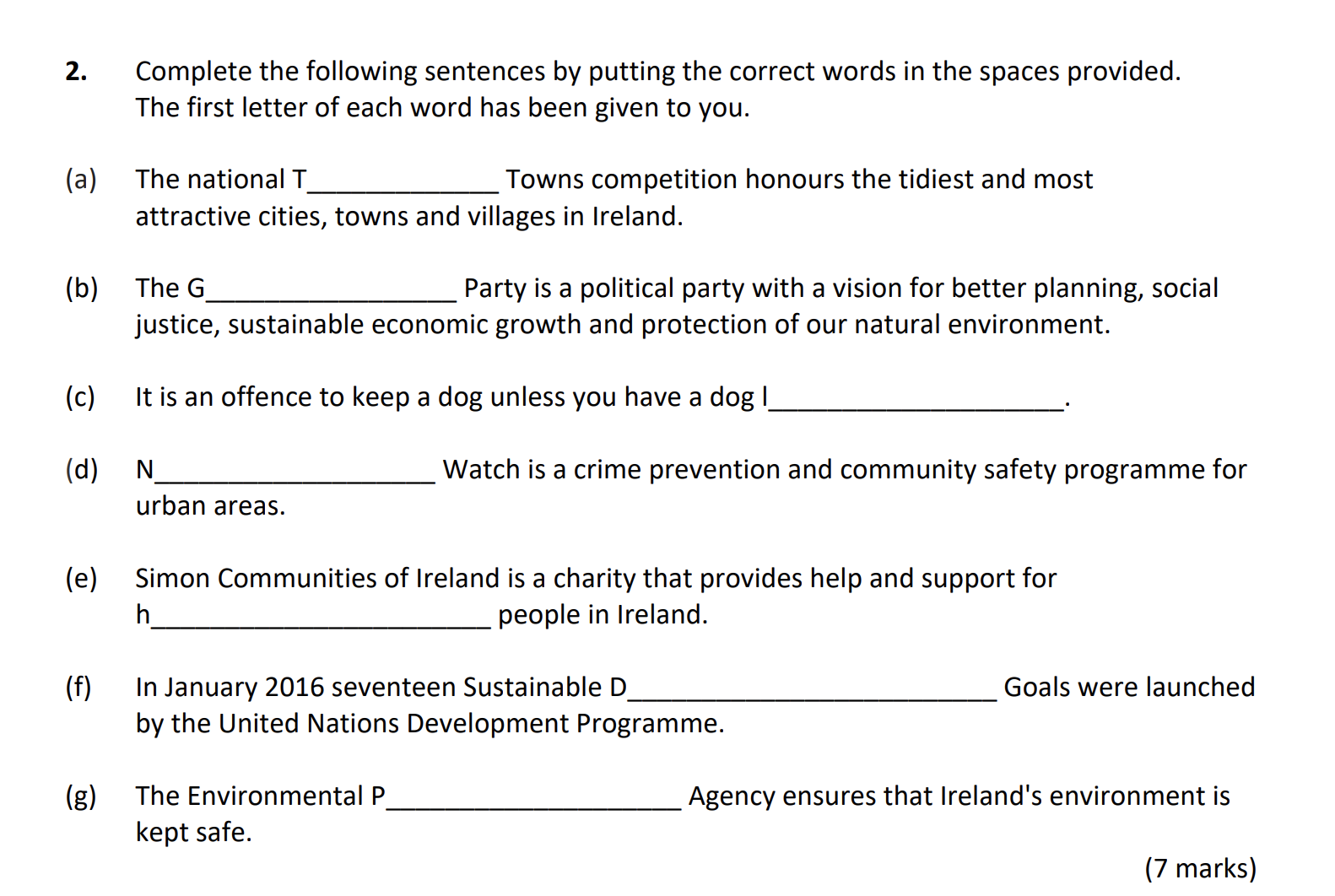 Complete-the-following-sentences-by-putting-the-correct-words-in-the-spaces-provided-Junior Cycle CSPE-Question 2-2018.png