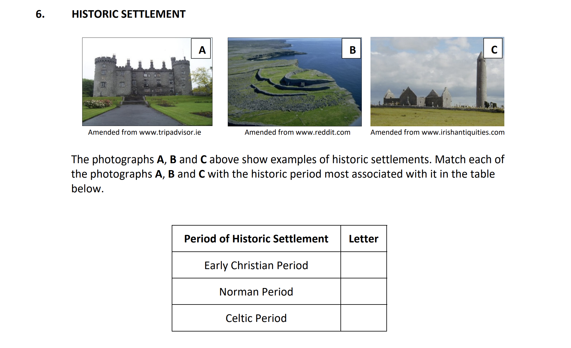 The-photographs-A,-B-and-C-above-show-examples-of-historic-settlements-Junior Cycle Geography-Question 6-2019.png