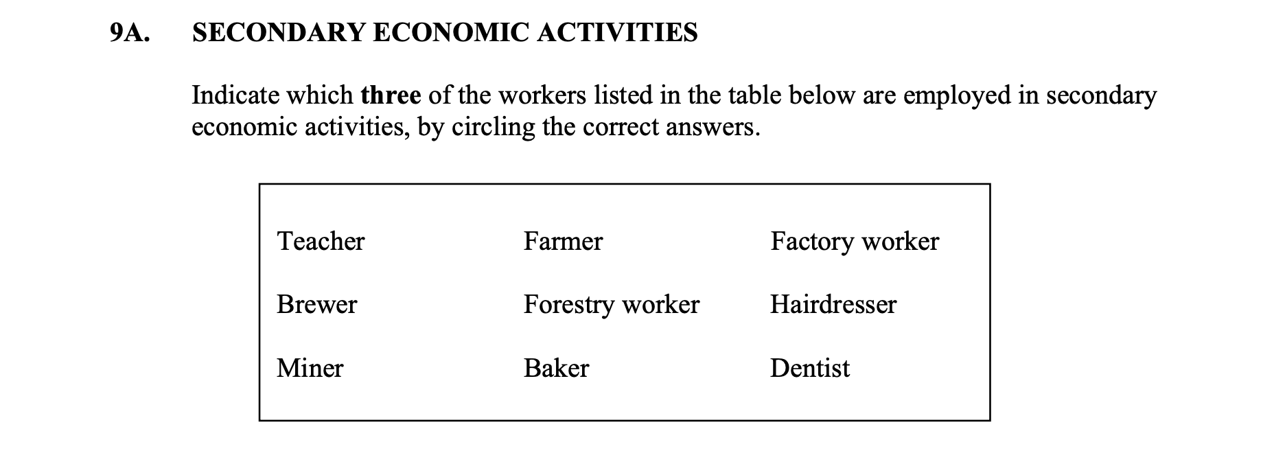 SECONDARY-ECONOMIC-ACTIVITIES--Indicate-which-three-of-the-workers-listed-in-the-table-below-are-employed-in-secondary-economic-activities,-by-circling-the-correct-answers-Junior Cycle Geography-Question 9A-2016.png