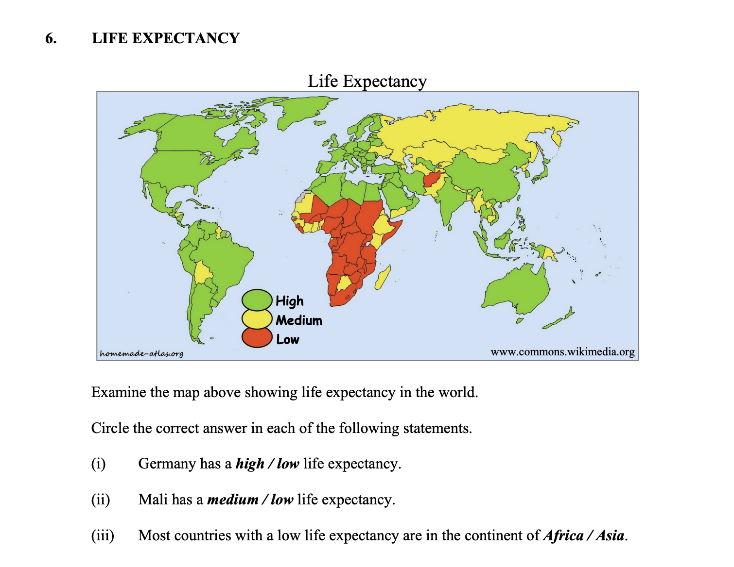 Examine-the-map-above-showing-life-expectancy-in-the-world-Junior Cycle Geography-Question 6-2015.png