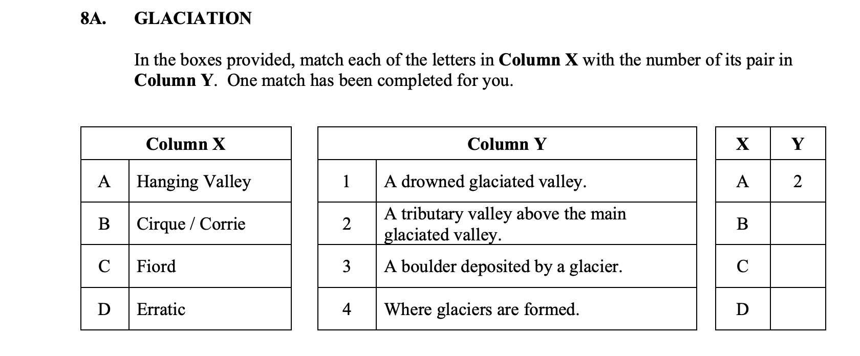 GLACIATION--In-the-boxes-provided,-match-each-of-the-letters-in-Column-X-with-the-number-of-its-pair-in-Column-Y-Junior Cycle Geography-Question 8A-2016.png