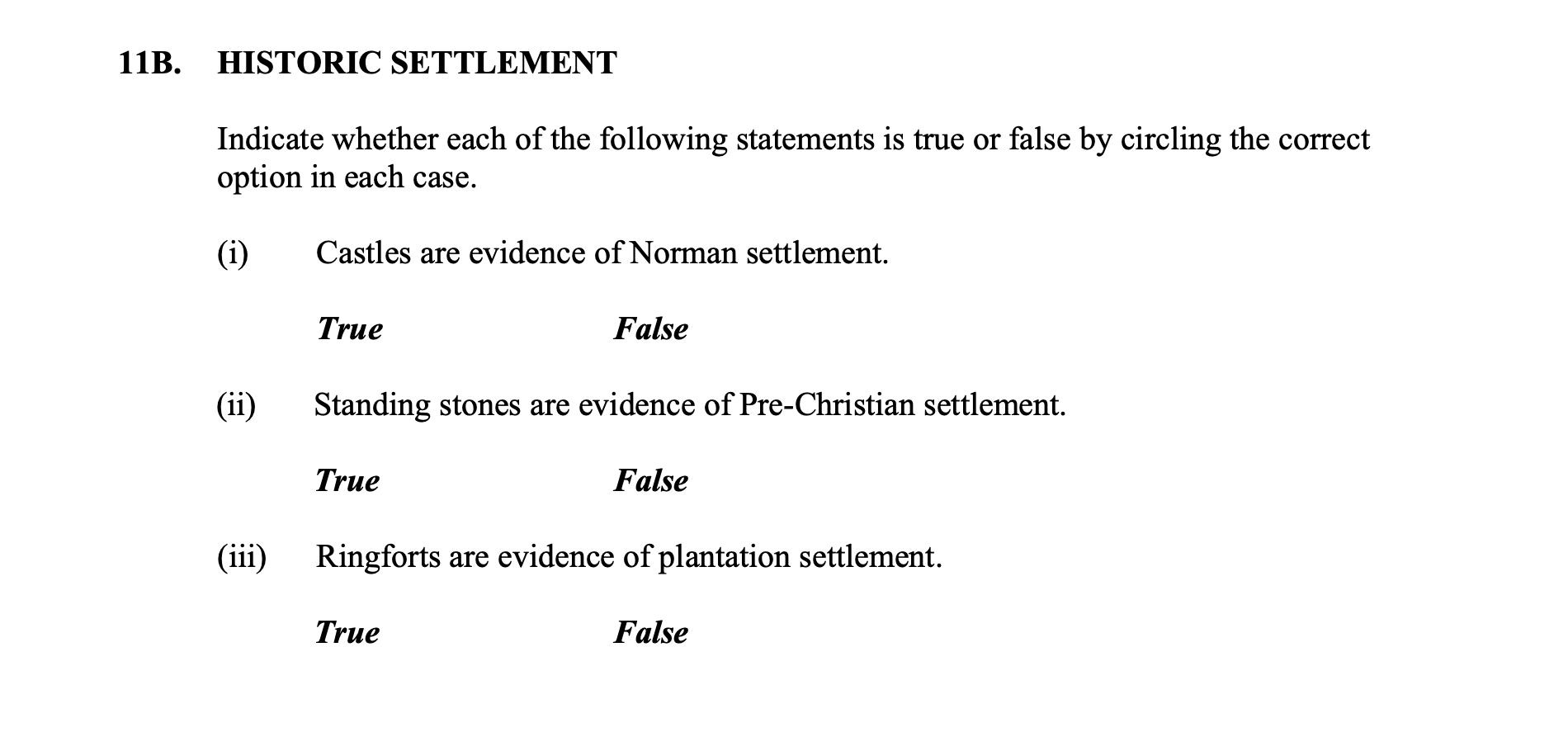 HISTORIC-SETTLEMENT-Indicate-whether-each-of-the-following-statements-is-true-or-false-by-circling-the-correct-option-in-each-case-Junior Cycle Geography-Question 11B-2015.png