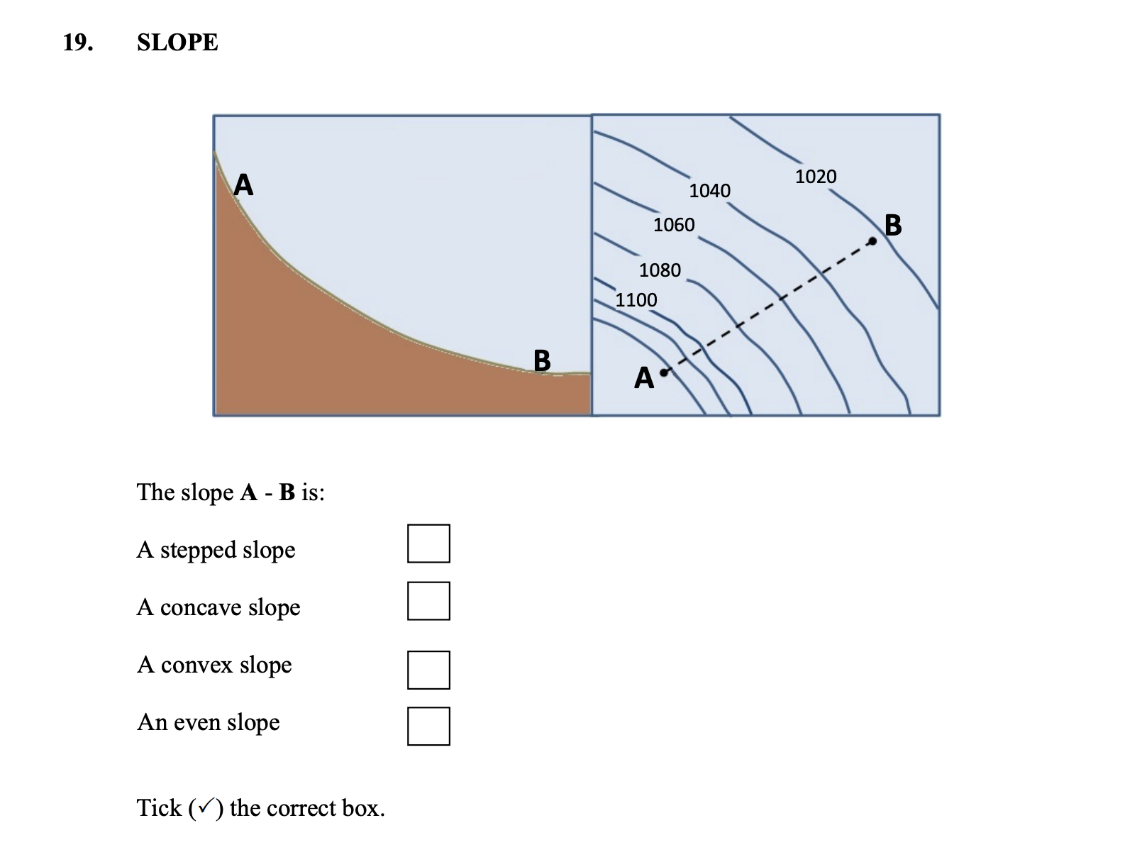 The-slope-A---B-is:-A-stepped-slope-A-concave-slope-A-convex-slope-An-even-slope-Tick-(✓)-the-correct-box.-Junior Cycle Geography-Question 19-2015.png