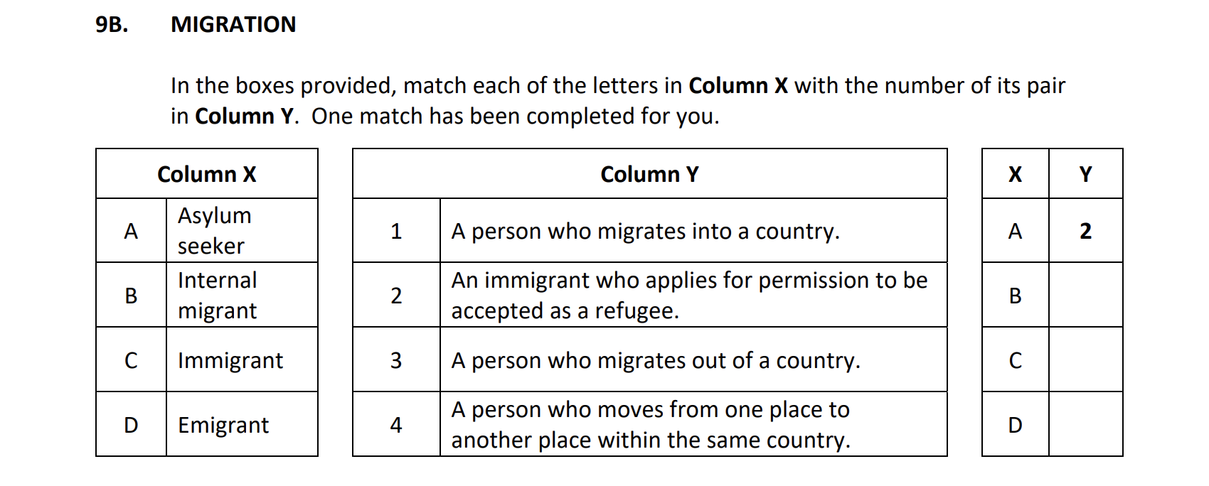 MIGRATION--In-the-boxes-provided,-match-each-of-the-letters-in-Column-X-with-the-number-of-its-pair-in-Column-Y-Junior Cycle Geography-Question 9B-2019.png