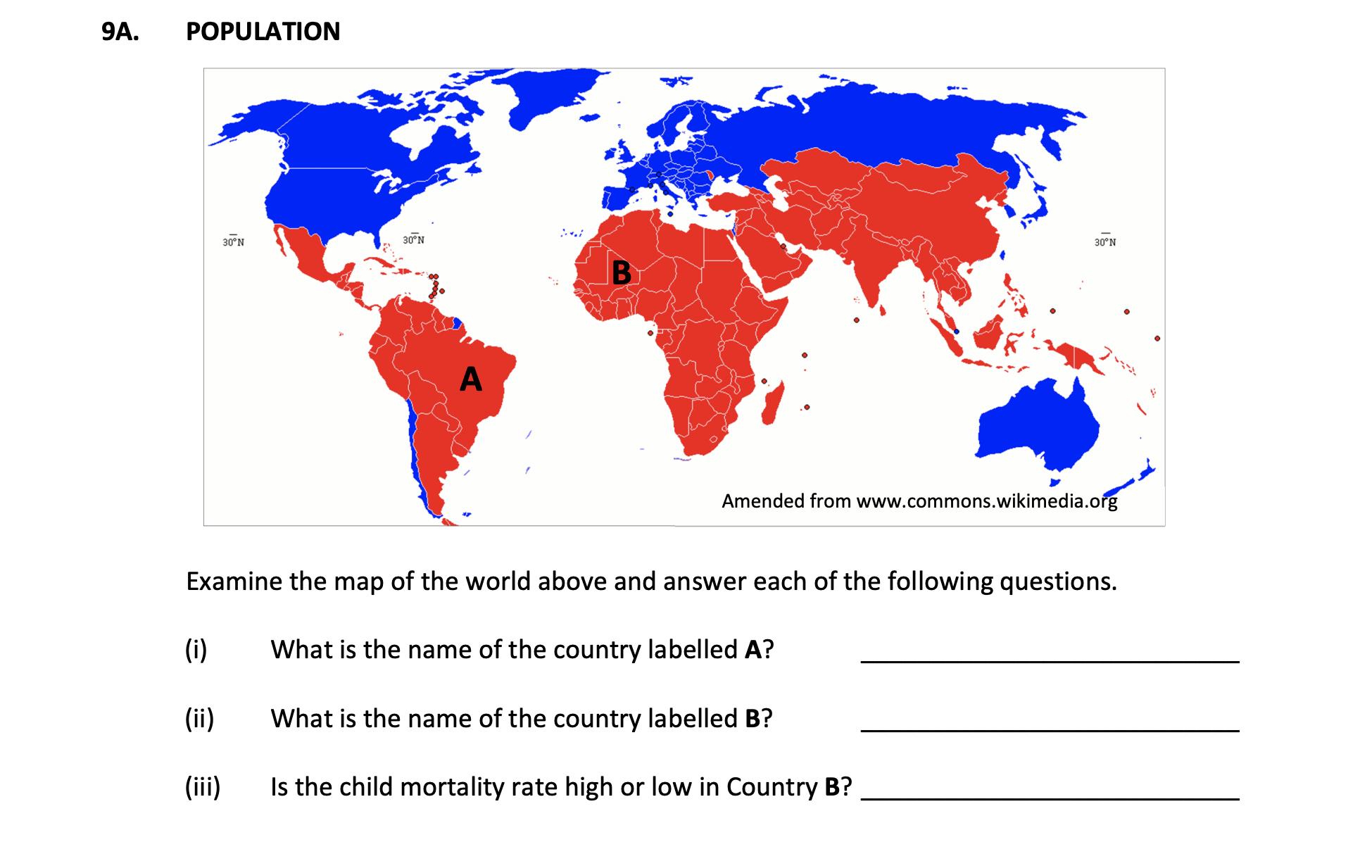 Examine-the-map-of-the-world-above-and-answer-each-of-the-following-questions-Junior Cycle Geography-Question 9A-2017.png