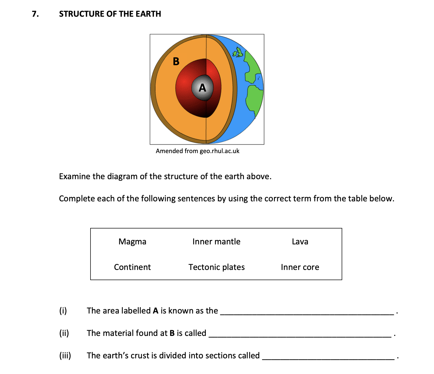 Examine-the-diagram-of-the-structure-of-the-earth-above-Junior Cycle Geography-Question 7-2018.png