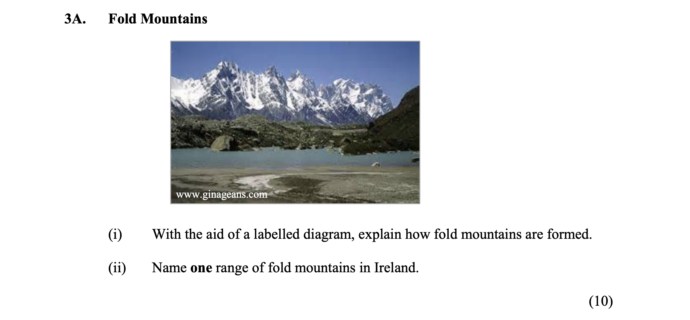 Fold-Mountains--(i)-With-the-aid-of-a-labelled-diagram,-explain-how-fold-mountains-are-formed-Junior Cycle Geography-Question 3A-2015.png