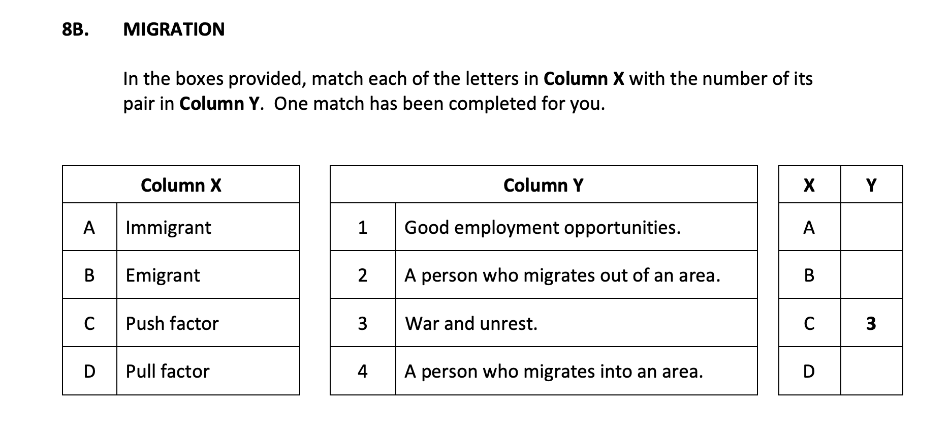 MIGRATION--In-the-boxes-provided,-match-each-of-the-letters-in-Column-X-with-the-number-of-its-pair-in-Column-Y-Junior Cycle Geography-Question 88-2017.png