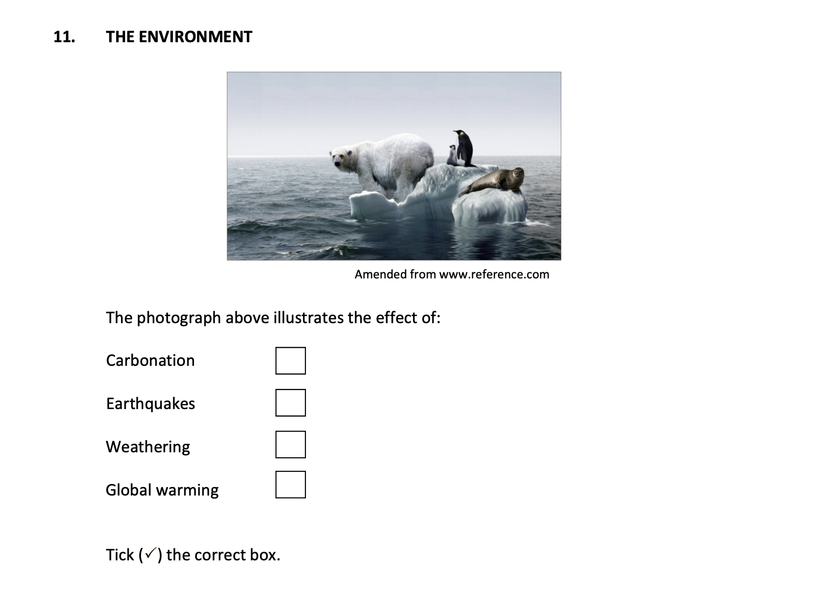 THE-ENVIRONMENT--The-photograph-above-illustrates-the-effect-of:--Carbonation--Earthquakes--Weathering--Global-warming--Tick-(✓)-the-correct-box.-Junior Cycle Geography-Question 11-2018.png